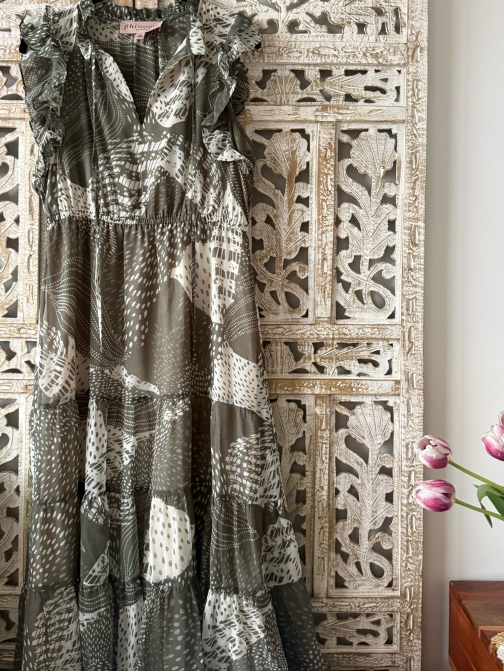PHILOSOPHY Ruffle-Tiered Dress - Olive & Cream